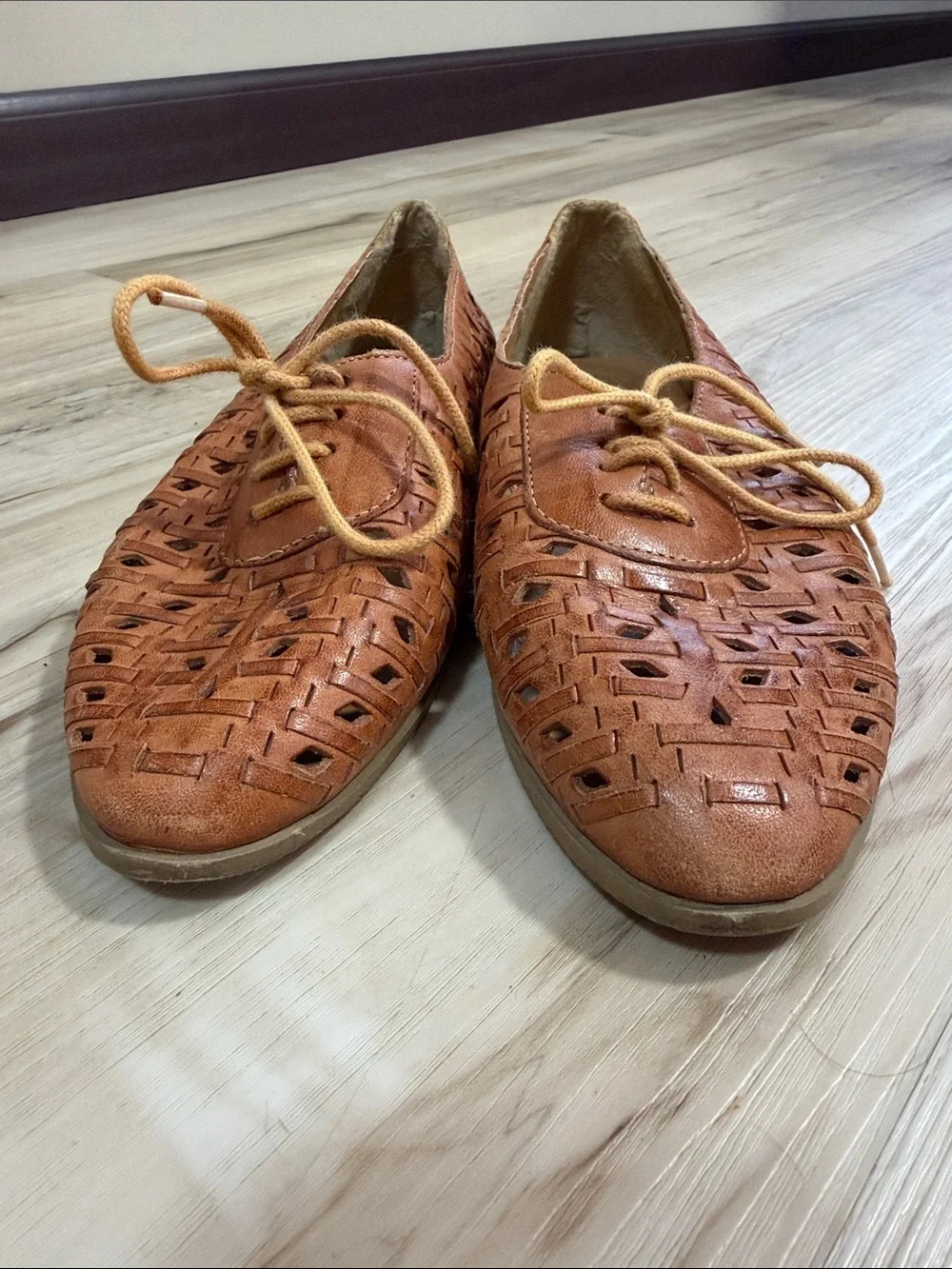 Brown Leather Huarache Oxford Flats Size Marked 38 40 Woven Boho Shoes